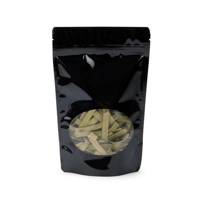 Standbodenbeutel Schwarz 14.9x8.9x23.2cm | 310 Gramm mit rundem Fenster (100 Stück) [ZBGO7B]