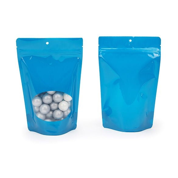 Standbodenbeutel Blau 14.9x8.9x23.2cm | 310 Gramm mit rundem Fenster & Aufhängeloch (100 Stück) [ZBGO7BLH]