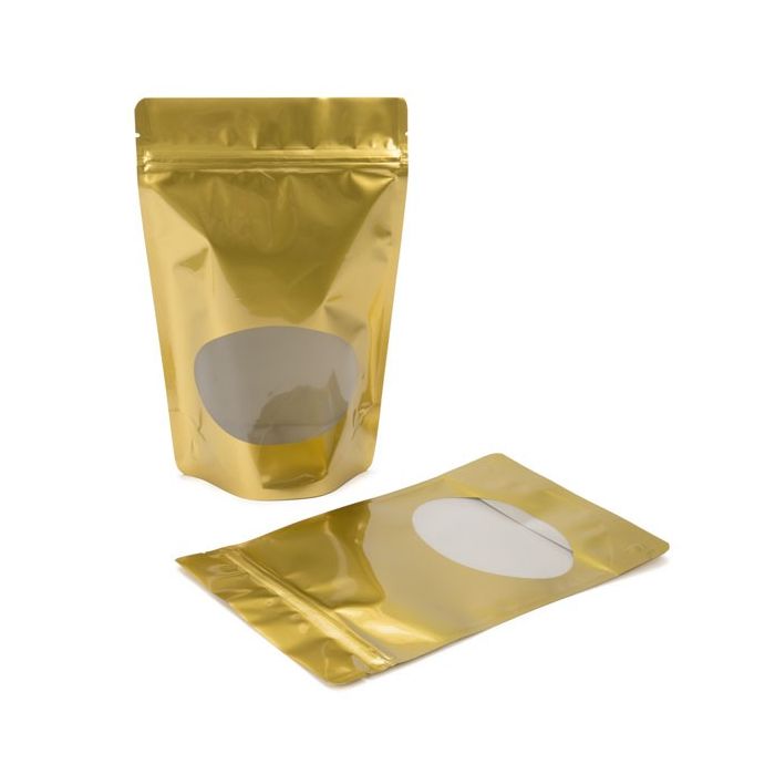 Standbodenbeutel Gold 14.9x8.9x23.2cm | 310 Gramm mit rundem Fenster (100 Stück) [ZBGO7G]
