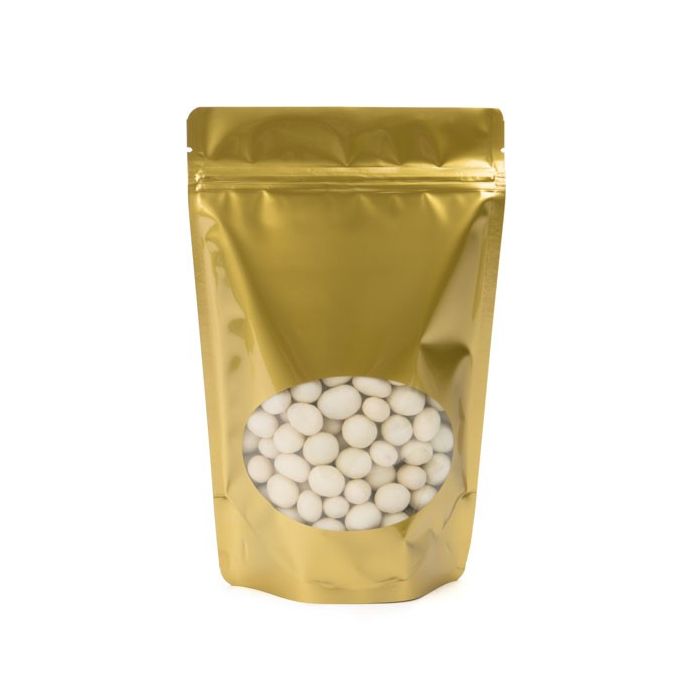 Standbodenbeutel Gold 14.9x8.9x23.2cm | 310 Gramm mit rundem Fenster (100 Stück) [ZBGO7G]