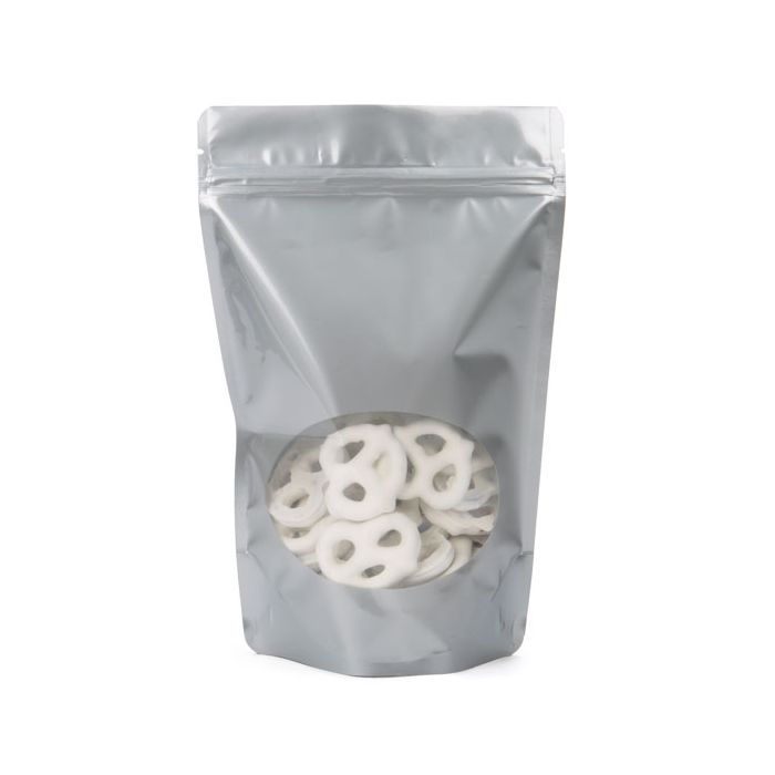 Standbodenbeutel Silber 14.9x8.9x23.2cm | 310 Gramm mit rundem Fenster (100 Stück) [ZBGO7S]