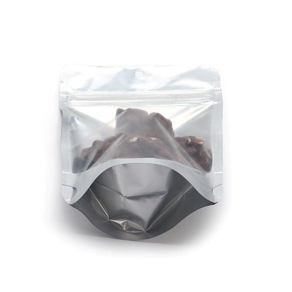 Standbodenbeutel Transparent/Silber 10.2x6x15.2cm | 57 Gramm mit Aufhängeloch (100 Stück) [ZBGS2H]