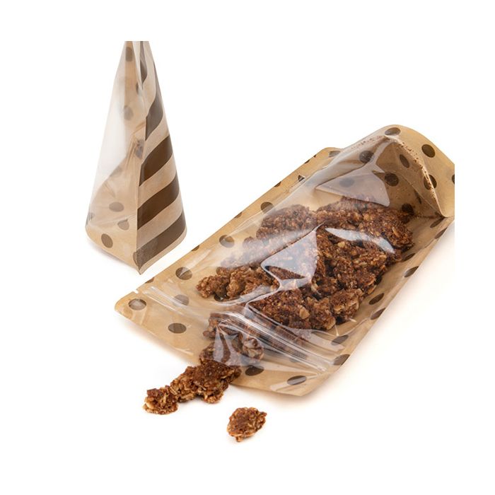 Standbodenbeutel Transparent/Kraft mit Gold Punkte & Streifen Pattern 13x7,9x20,6 cm (25 Stück) [ZBGSW3SDG]