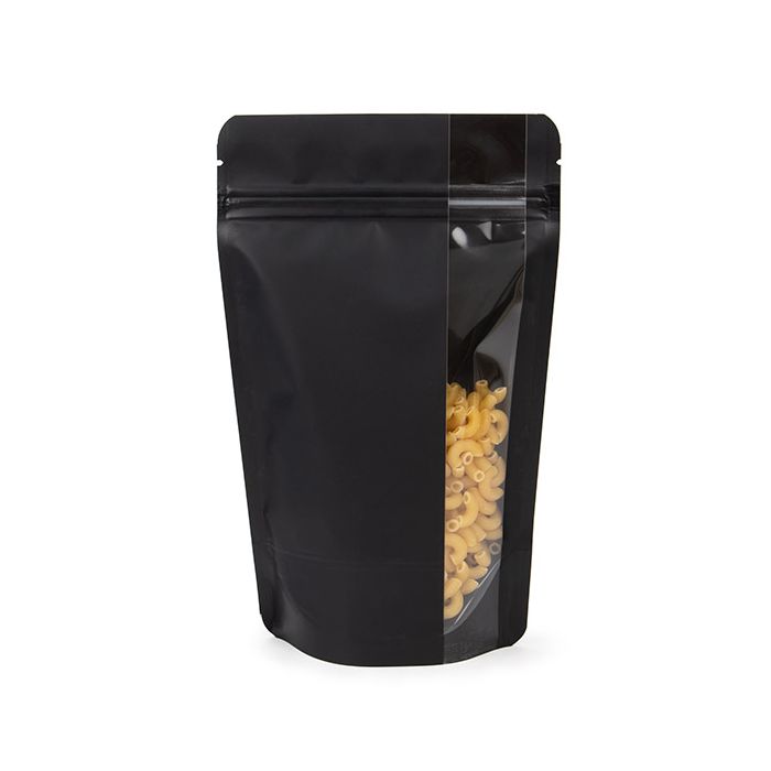 Standbodenbeutel Matt Schwarz mit Vertikalen Fenster 13x7,9x20,6 cm (100 Stück) [ZBGV3MB]