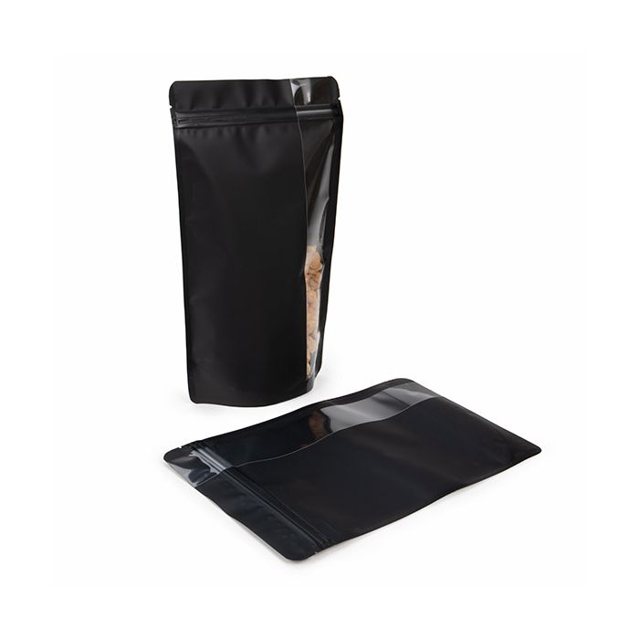 Standbodenbeutel Matt Schwarz mit Vertikalen Fenster 17,2x8,9x28,6 cm (100 Stück) [ZBGV4MB]