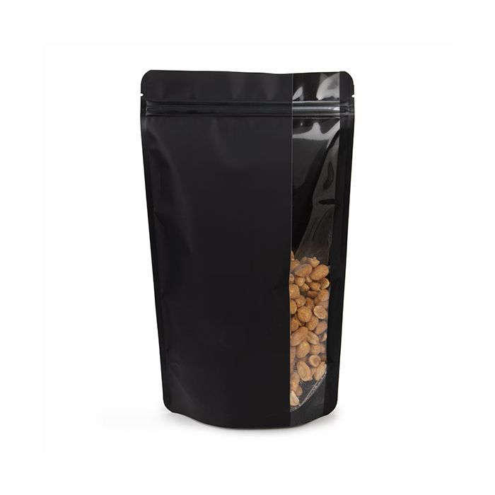 Standbodenbeutel Matt Schwarz mit Vertikalen Fenster 17,2x8,9x28,6 cm (100 Stück) [ZBGV4MB]