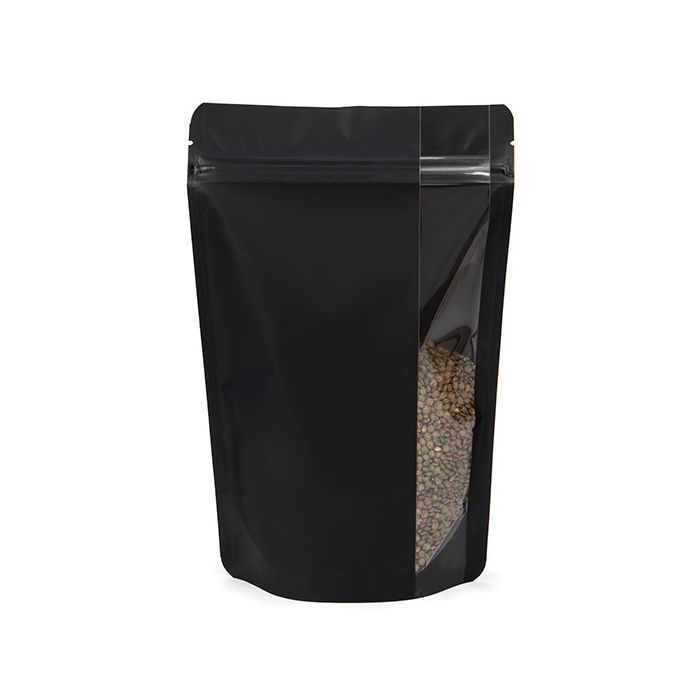 Standbodenbeutel Matt Schwarz mit Vertikalen Fenster 14,9x8,9x23,2 cm (100 Stück) [ZBGV7MB]