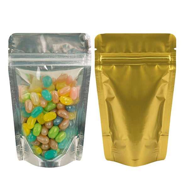 Standbodenbeutel Transparent/Gold 9.5x5.7x15.7cm | 57 Gramm (100 Stück) [ZBGG35]