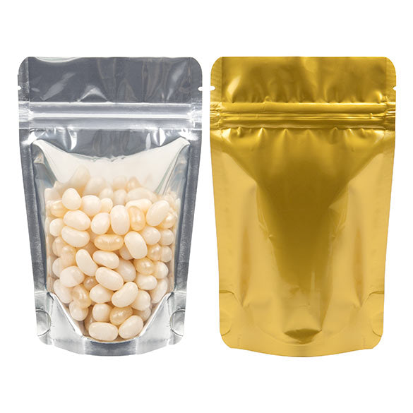 Standbodenbeutel Transparent/Gold 9.5x5.7x15.7cm | 57 Gramm (100 Stück) [ZBGG35]