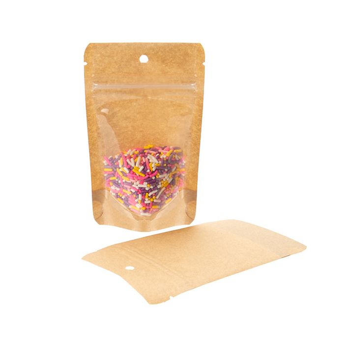 Standbodenbeutel Transparent/Kraft 8x5x13cm mit Aufhängeloch | 28 Gramm (100 Stück) [ZBGKC1H]