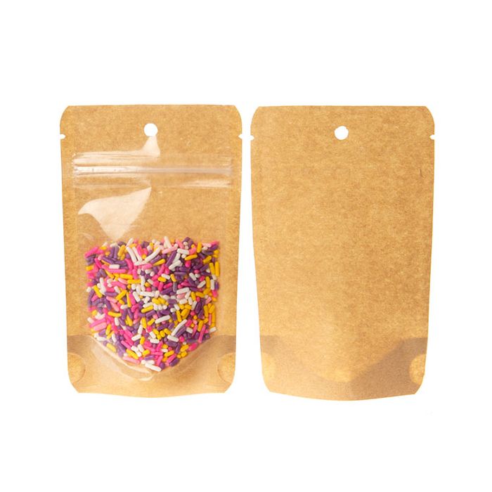 Standbodenbeutel Transparent/Kraft 8x5x13cm mit Aufhängeloch | 28 Gramm (100 Stück) [ZBGKC1H]