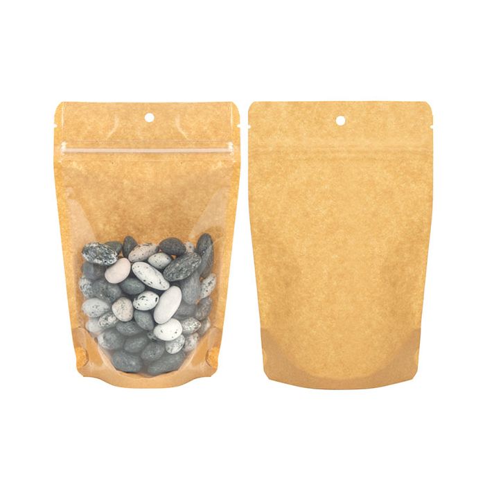 Standbodenbeutel Transparent/Kraft 12x7.5x18.5cm mit Aufhängeloch | 110 Gramm (100 Stück) [ZBGKC46H]