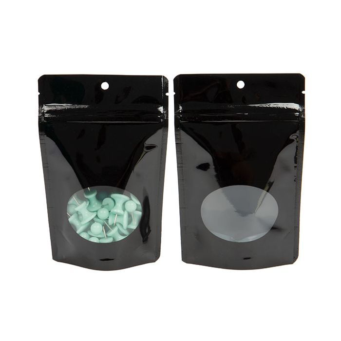 Standbodenbeutel Schwarz mit rundem Sichtfenster & Aufhängeloch 10.2x6x15.2cm 57 Gramm (100 Stück) [ZBGO2BH]