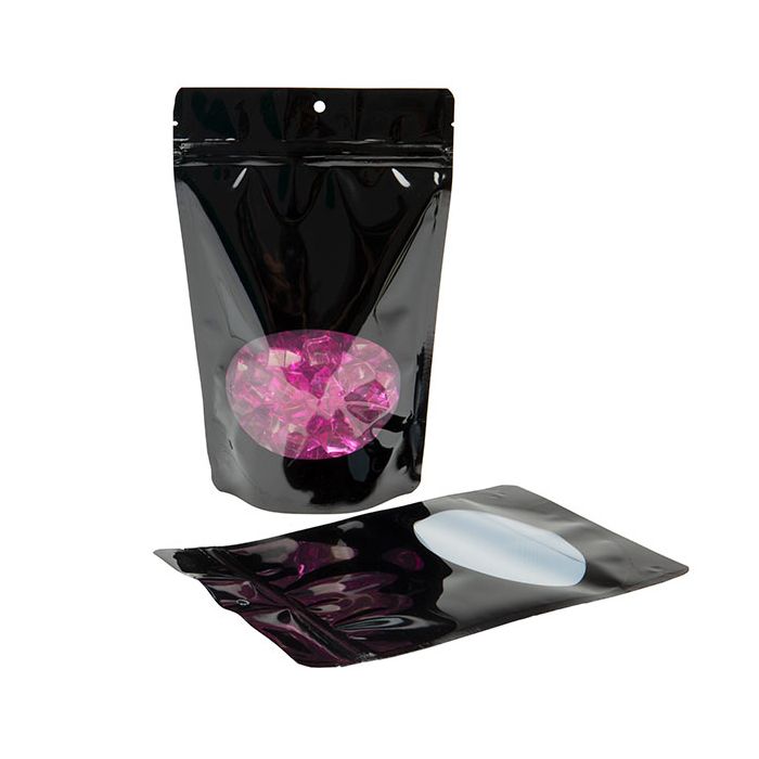 Standbodenbeutel Schwarz mit rundem Sichtfenster & Aufhängeloch 14.9x8.9x23.2cm 310 Gramm (100 Stück) [ZBGO7BH]