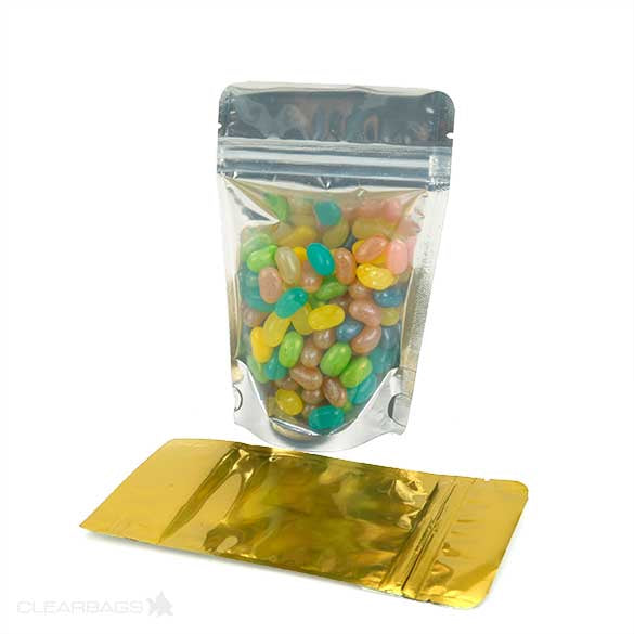 Standbodenbeutel Transparent/Gold 9.5x5.7x15.7cm | 57 Gramm (100 Stück) [ZBGG35]