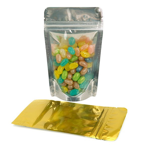Standbodenbeutel Transparent/Gold 9.5x5.7x15.7cm | 57 Gramm (100 Stück) [ZBGG35]