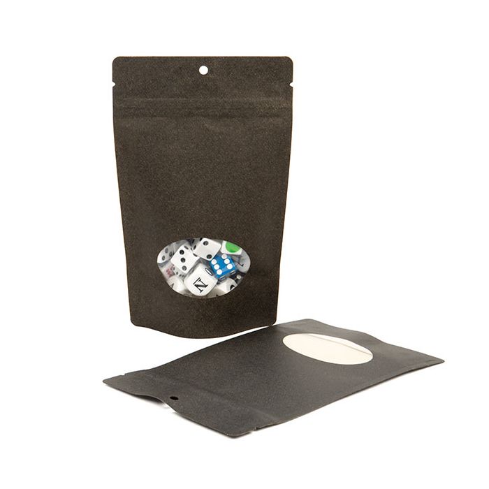 Standbodenbeutel Kraft Schwarz 13x8x20.5cm | 110 Gramm mit rundem Fenster & Aufhängeloch (100 Stück) [ZBGO3BK]