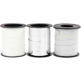Kräuselband, B 10 mm, Silber, Glitter silber, Weiß, 3x15 m/ 1 Pck [HOB-202412]