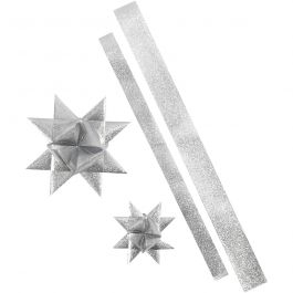 Papierstreifen für Sterne, L 86+100 cm, B 25+40 mm, D 11,5+18,5 cm, Glitter silber, 16 Streifen/ 1 Pck [HOB-24349]