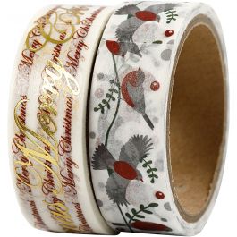 Washi Tape, Frohe Weihnachten & Vögel - Folie, B 15 mm, 2x4 m/ 1 Pck [HOB-24797]