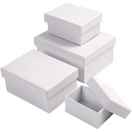 Rechteckige Boxen, H 3,5+4,5+5,5+6,5 cm, Größe 8,5x11,5+11x14 cm, Weiß, 4 Stk/ 1 Set [HOB-264050]