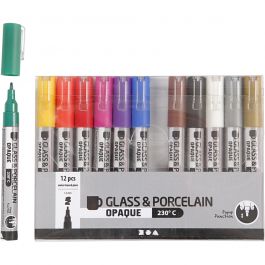 Glas-/Porzellanmalstift, Strichstärke 1-2 mm, Halbdeckend, Sortierte Farben, 12 Stk/ 1 Pck [HOB-31334]