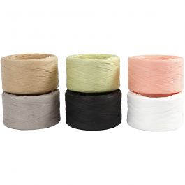 Papierbast (Raffia), B 7-8 mm, Sortierte Farben, 6x100 m/ 1 Pck [HOB-503299]