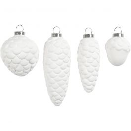 Hängende Zapfen, H 3,5+5+6,6+8,5 cm, D 2,5+3+4,5 cm, Weiß, 4 Stk/ 1 Pck [HOB-50492]