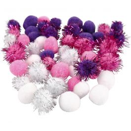 Pompons, D 15+20 mm, Flieder, Rosa, Weiß, 48 sort./ 1 Pck [HOB-51884]
