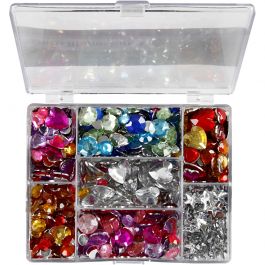 Mix aus Strasssteinen, Taler, Sterne, Herzen, D 6+7+9+10+11+12+14+16 mm, Blau, Pink, Silber, 300 Stk/ 1 Pck [HOB-52315]