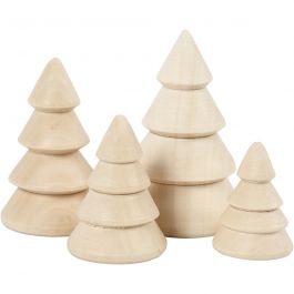 Weihnachtsbäume aus Holz, H 3,3+4,3+5,3+6,3 cm, D 2,3+3+3,2+4 cm, 4 Stk/ 1 Pck [HOB-56239]