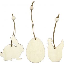 Holzornamente, Kaninchen, Ei, Huhn, Größe 6 cm, Dicke 3 mm, 9 Stk/ 1 Pck [HOB-56732]