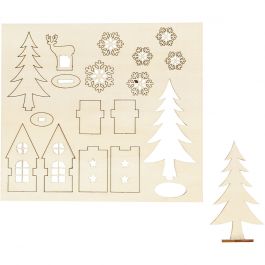 Zusammensteckbare Holzfiguren, Haus, Baum, Hirsch, L 15,5 cm, B 17 cm, Dicke 3 mm, 1 Pck [HOB-57888]
