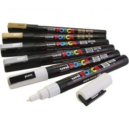Posca Marker , Gold, Silber, Weiß, Nr. PC-3M, Strichstärke 0,9-1,3 mm, 6 sort./ 1 Pck [HOB-384097]