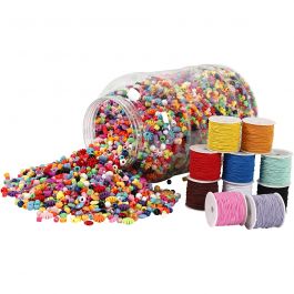 Kunststoffperlen im Eimer und Elastisches Schmuckband, 1 Set [HOB-99658]
