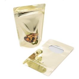 Standbodenbeutel Gold 13x8x20.5cm | 110 Gramm mit rundem Fenster (100 Stück) [ZBGMO3SG]
