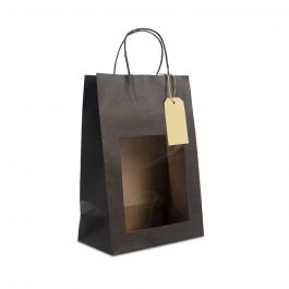 Geschenk-Tragetaschen mit Fenster und Anhänger 22+12x32cm schwarz (100 Stück) [FP-DPT102]