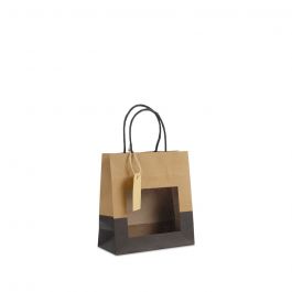 Geschenk-Tragetaschen mit Fenster und Anhänger 18+8x19cm kraft/schwarz (100 Stück) [FP-DPT113]