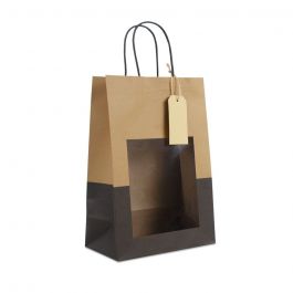 Geschenk-Tragetaschen mit Fenster und Anhänger 22+12x32cm kraft/schwarz (100 Stück) [FP-DPT114]