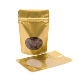 Standbodenbeutel Gold 10.2x6x15.2cm | 57 Gramm mit rundem Fenster (100 Stück) [ZBGO2G]