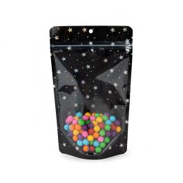 Standbodenbeutel Transparent/Schwarze holografische Sterne 13x7,9x20,6 cm mit Aufhängeloch (25 Stück) [ZBGHB3C]