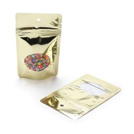 Standbodenbeutel Gold 8x5x13cm | 28 Gramm mit rundem Fenster & Aufhängeloch (100 Stück) [ZBGMO1SGH]