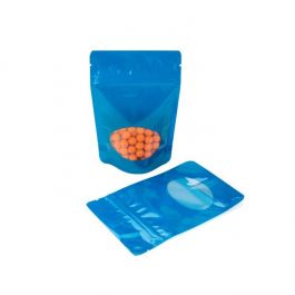 Standbodenbeutel Blau 13x8x20.5cm | 110 Gramm mit rundem Fenster (100 Stück) [ZBGO3BL]